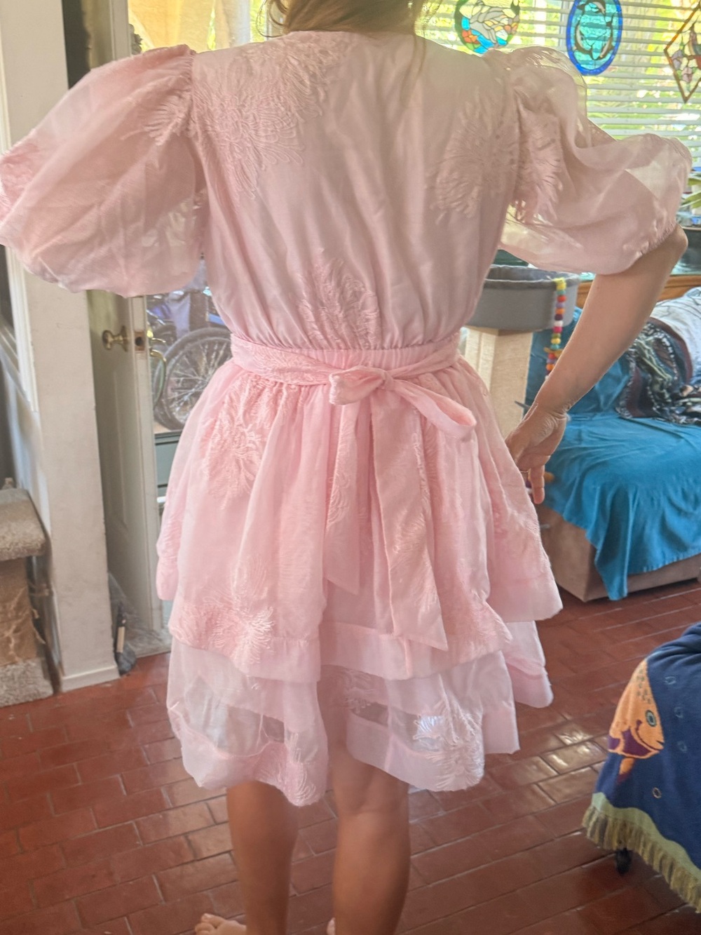 Light Pink Embroidered Puff-Sleeve Tiered Dress, M - Picture 2 of 10